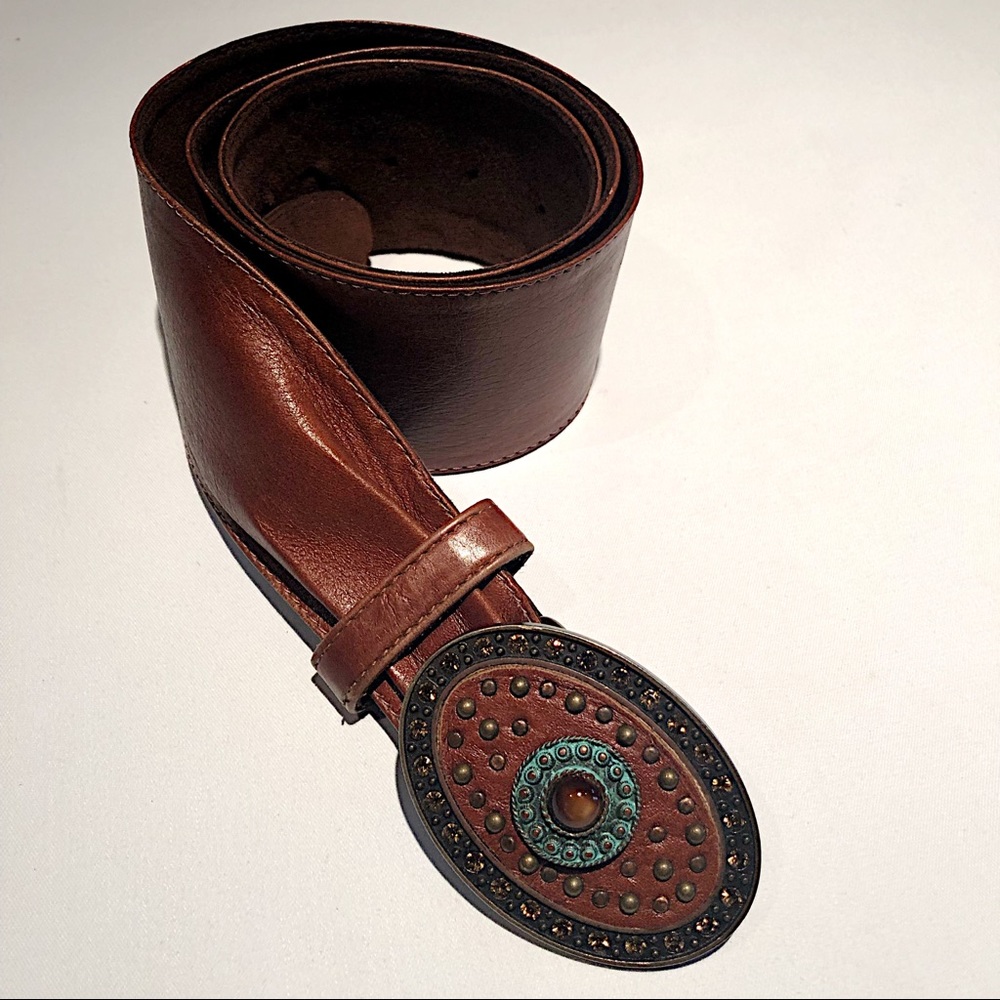 Leather Belt with Embellished Medallion